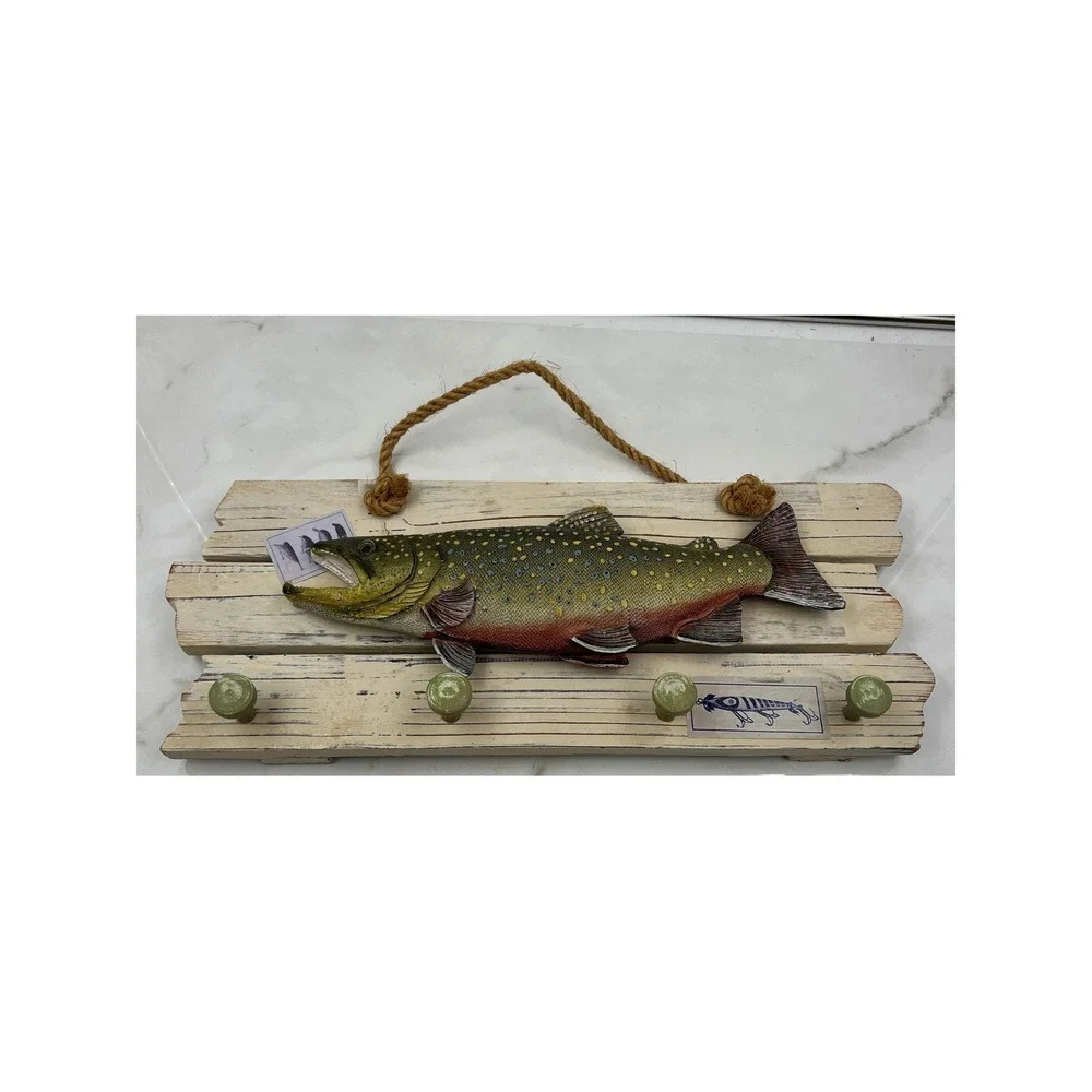 Rustic Wooden Brook Trout Fish Wall Plaque Key Rack Cabin Decor 19.5 Inch